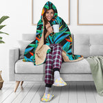 Teal Tropical Pattern Print Hooded Blanket