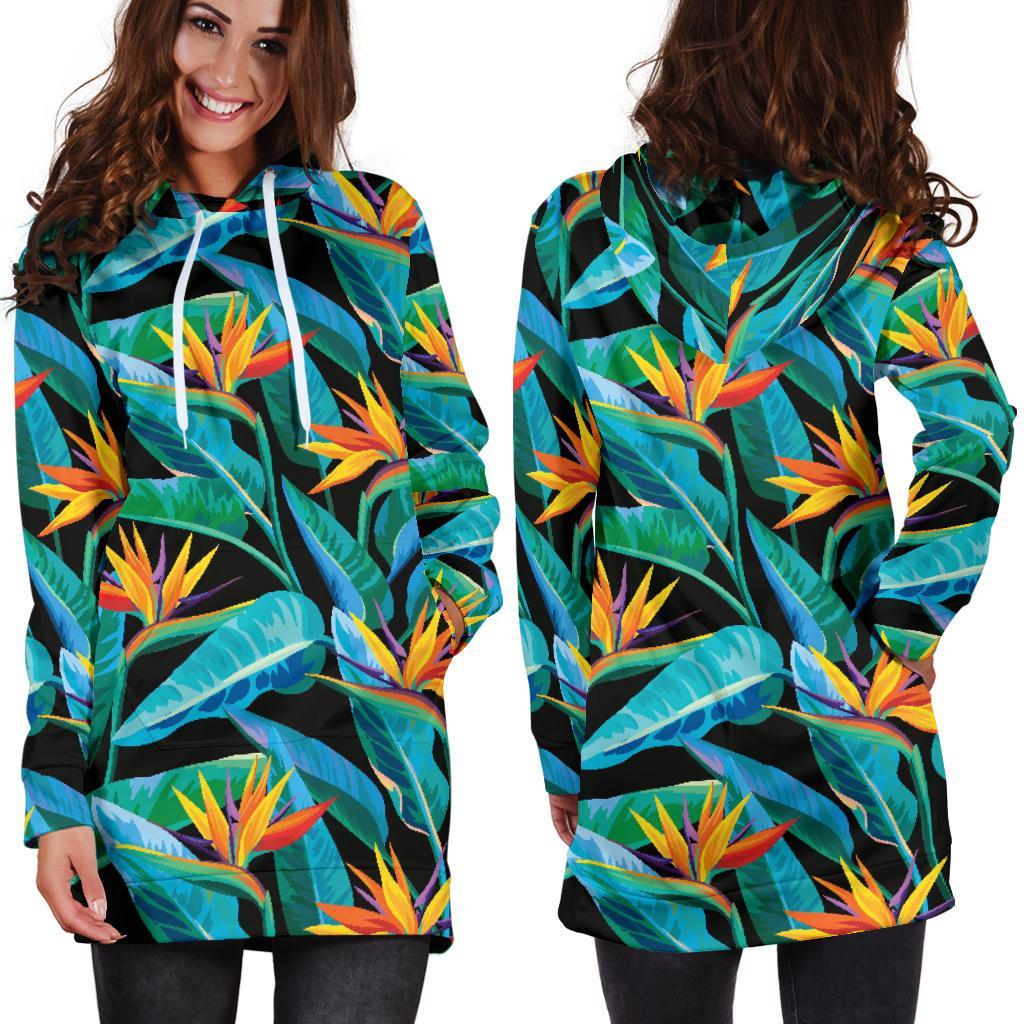 Teal Tropical Pattern Print Hoodie Dress GearFrost