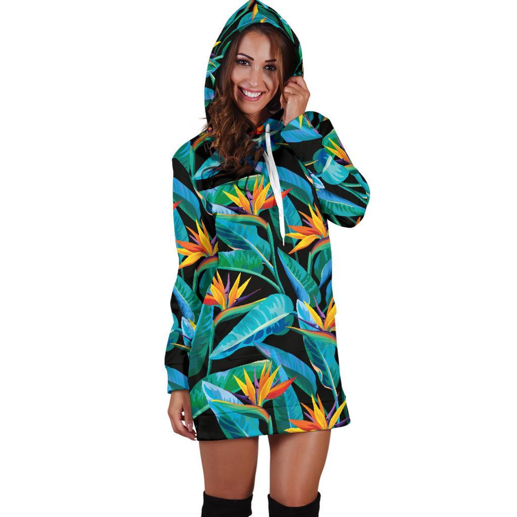 Teal Tropical Pattern Print Hoodie Dress GearFrost