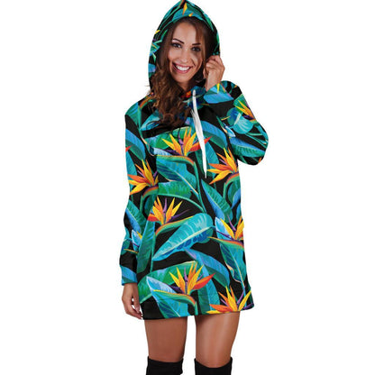 Teal Tropical Pattern Print Hoodie Dress GearFrost