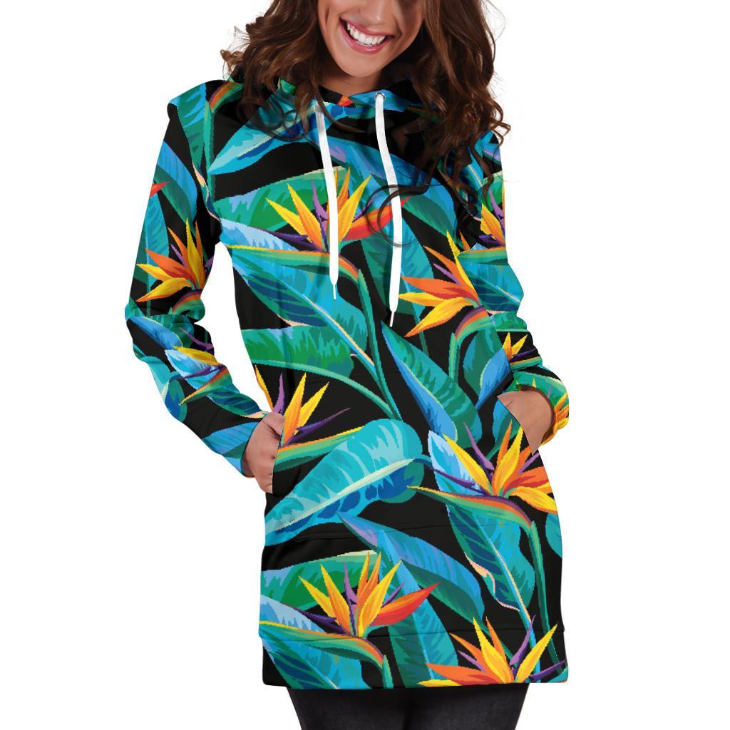 Teal Tropical Pattern Print Hoodie Dress GearFrost