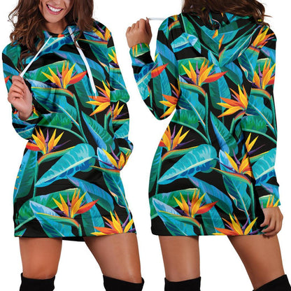 Teal Tropical Pattern Print Hoodie Dress GearFrost