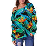 Teal Tropical Pattern Print Off Shoulder Sweatshirt GearFrost