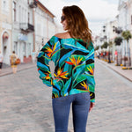 Teal Tropical Pattern Print Off Shoulder Sweatshirt GearFrost