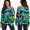 Teal Tropical Pattern Print Off The Shoulder Sweatshirt