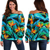 Teal Tropical Pattern Print Off Shoulder Sweatshirt GearFrost