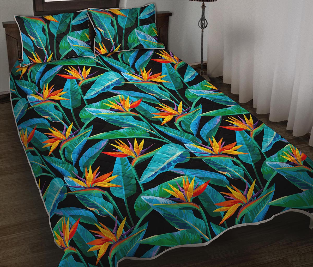 Teal Tropical Pattern Print Quilt Bed Set