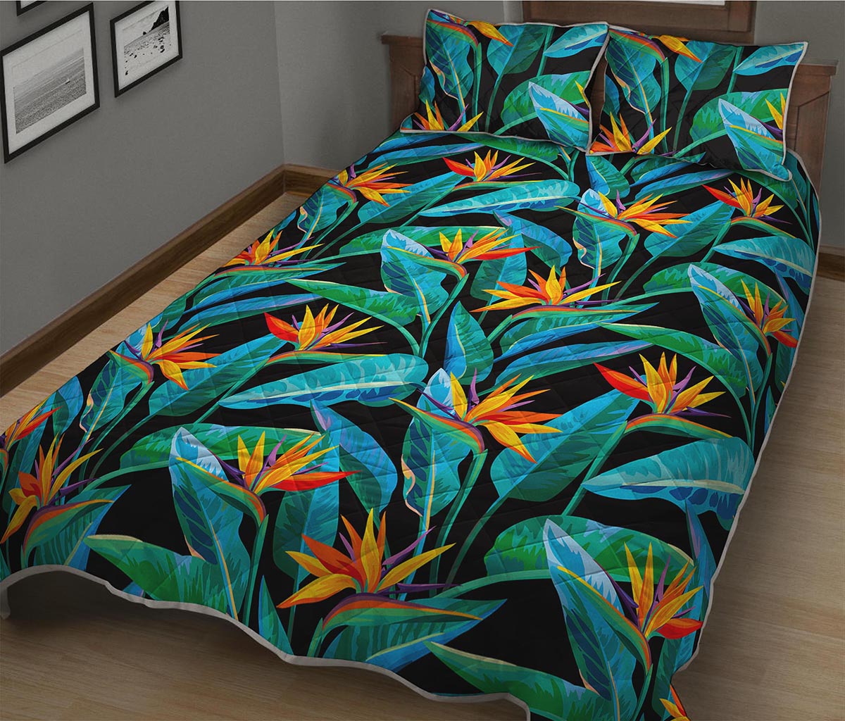 Teal Tropical Pattern Print Quilt Bed Set