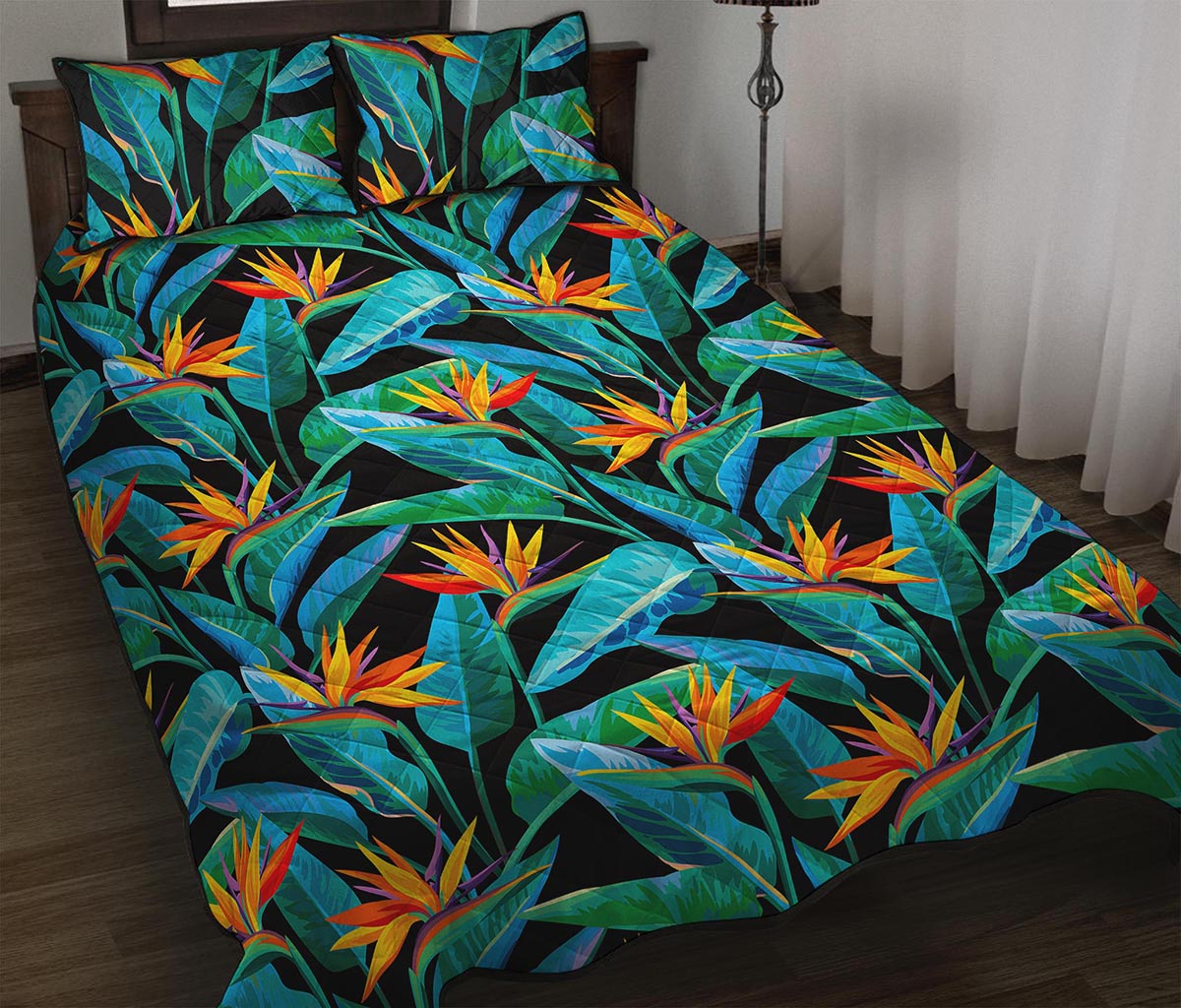 Teal Tropical Pattern Print Quilt Bed Set