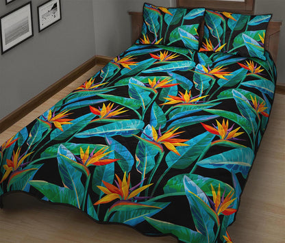 Teal Tropical Pattern Print Quilt Bed Set