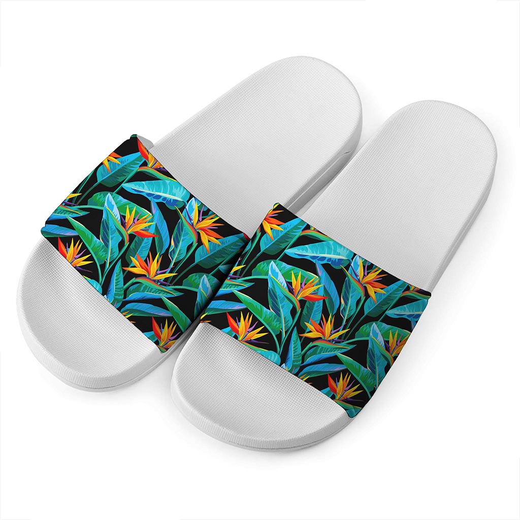 Teal Tropical Pattern Print White Slide Sandals