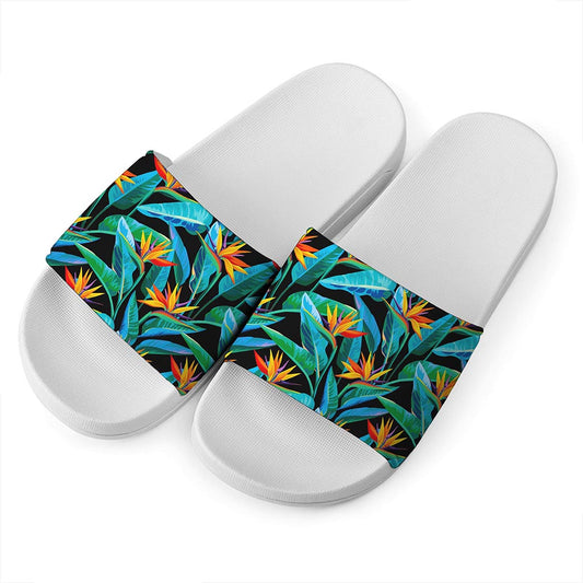 Teal Tropical Pattern Print White Slide Sandals