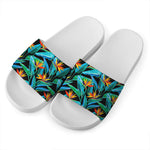 Teal Tropical Pattern Print White Slide Sandals