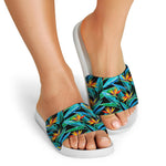 Teal Tropical Pattern Print White Slide Sandals