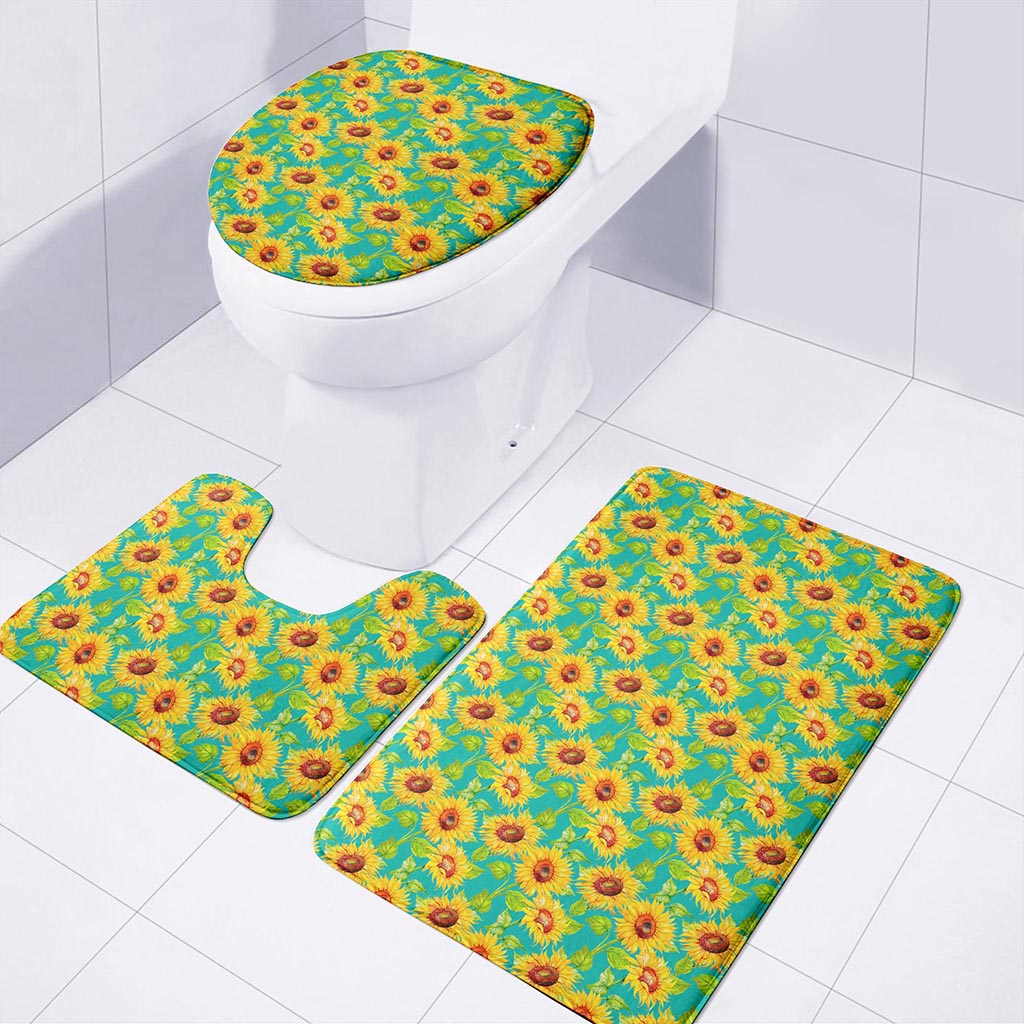 Teal Watercolor Sunflower Pattern Print 3 Piece Bath Mat Set