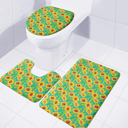 Teal Watercolor Sunflower Pattern Print 3 Piece Bath Mat Set