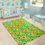 Teal Watercolor Sunflower Pattern Print Area Rug GearFrost