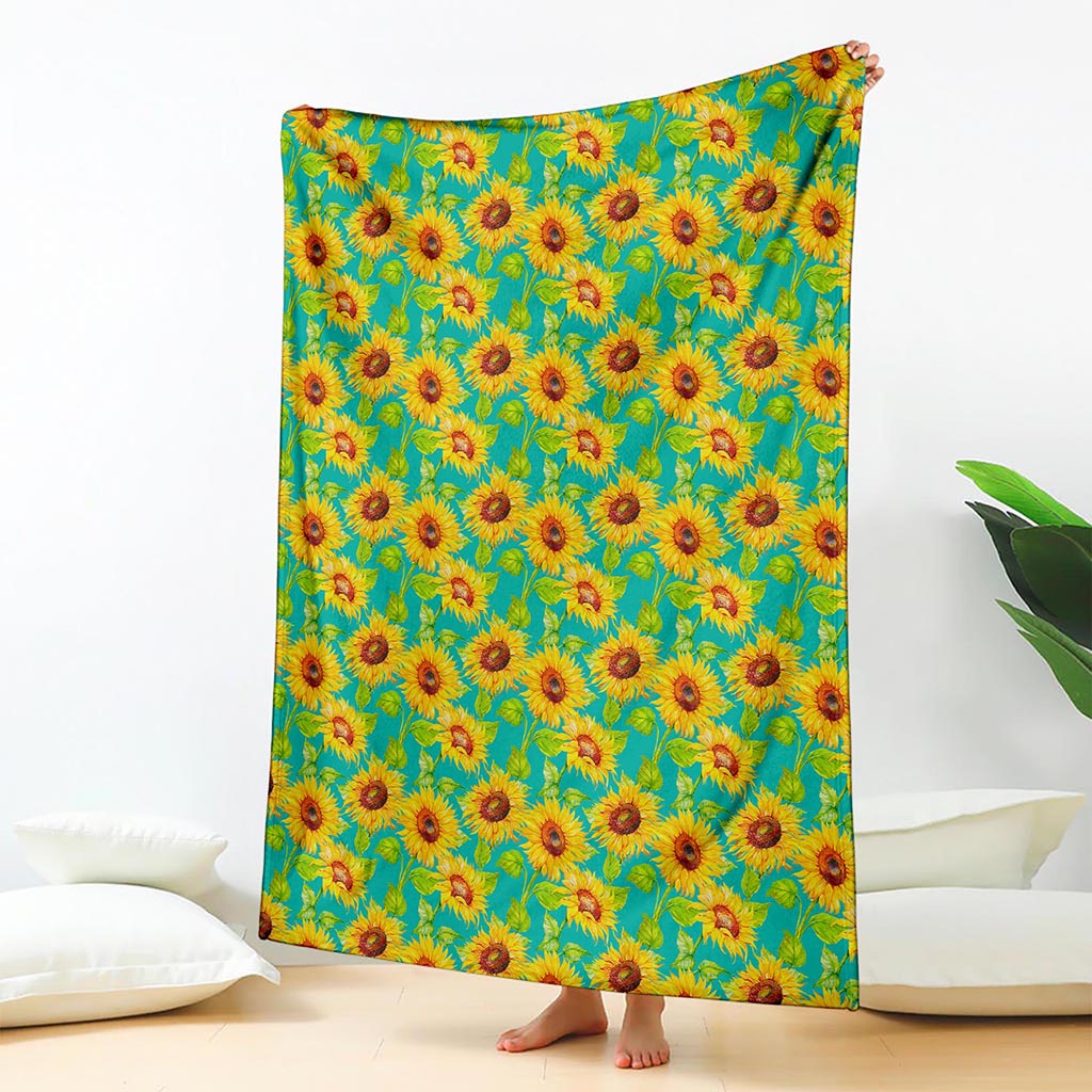 Teal Watercolor Sunflower Pattern Print Blanket
