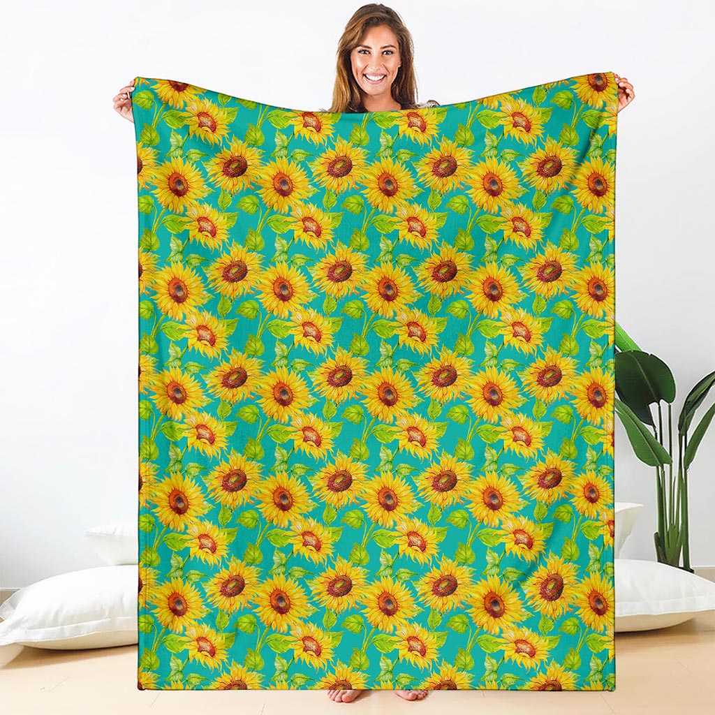 Teal Watercolor Sunflower Pattern Print Blanket