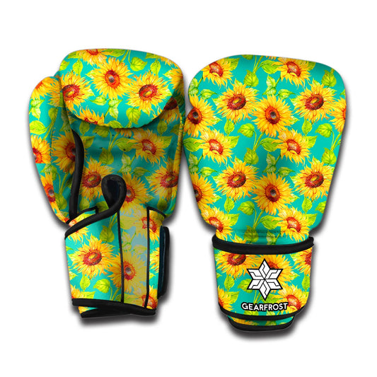 Teal Watercolor Sunflower Pattern Print Boxing Gloves