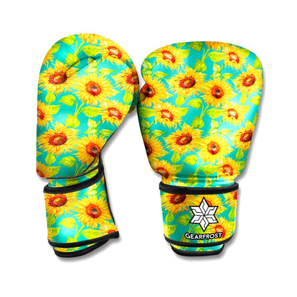 Teal Watercolor Sunflower Pattern Print Boxing Gloves