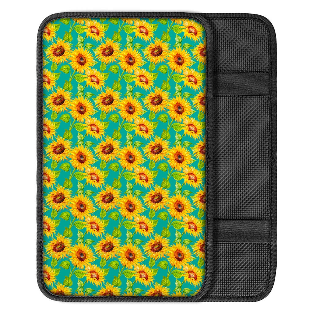 Teal Watercolor Sunflower Pattern Print Car Center Console Cover