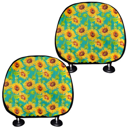 Teal Watercolor Sunflower Pattern Print Car Headrest Covers