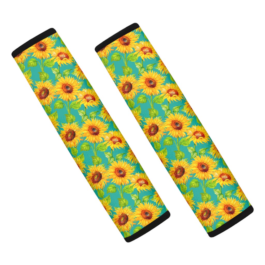 Teal Watercolor Sunflower Pattern Print Car Seat Belt Covers