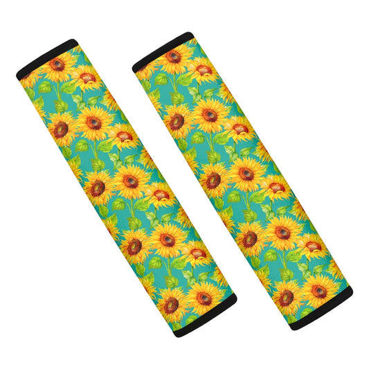 Teal Watercolor Sunflower Pattern Print Car Seat Belt Covers