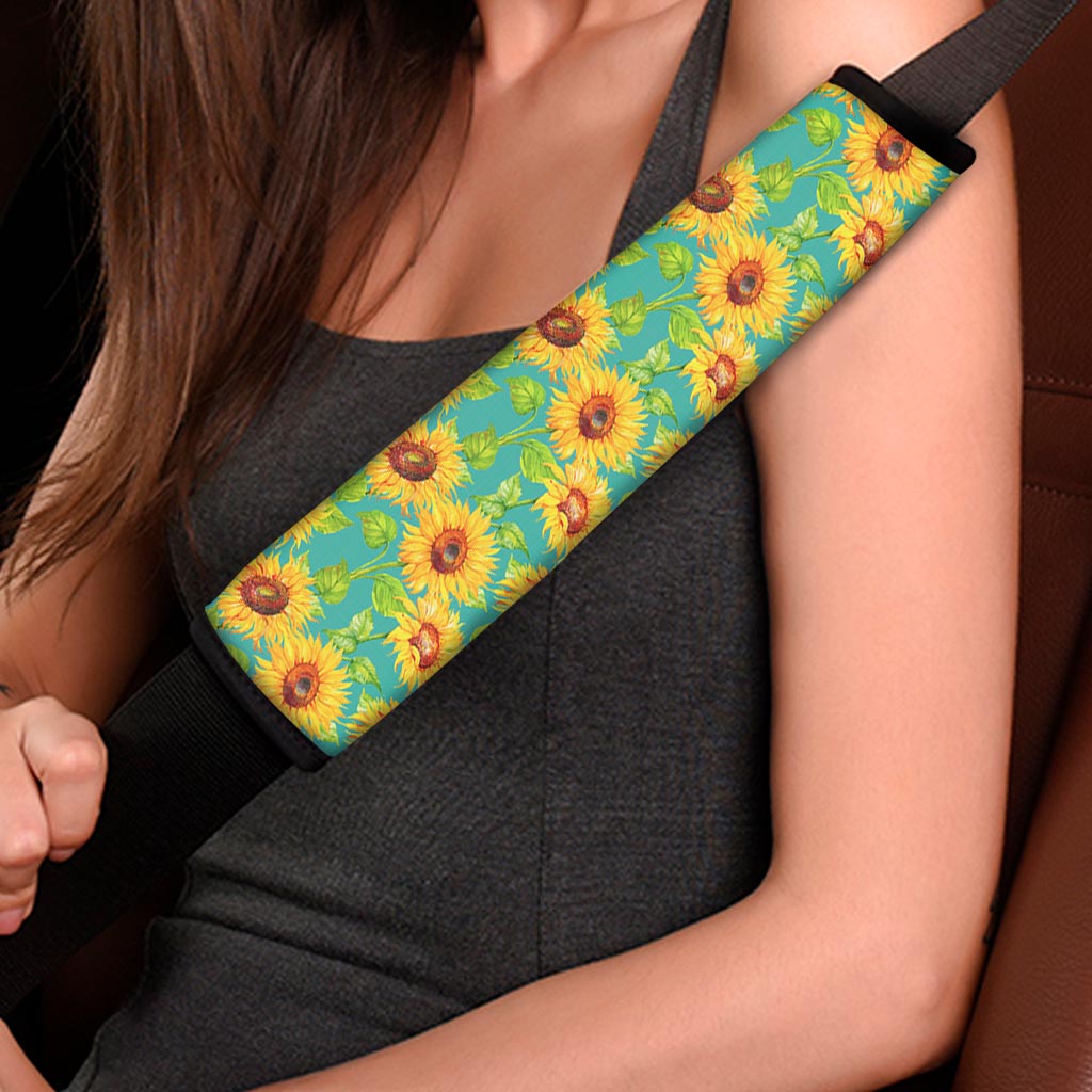 Teal Watercolor Sunflower Pattern Print Car Seat Belt Covers
