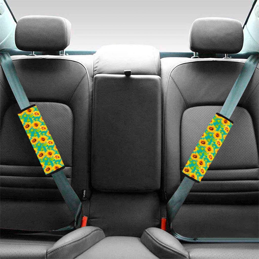 Teal Watercolor Sunflower Pattern Print Car Seat Belt Covers