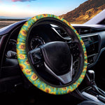 Teal Watercolor Sunflower Pattern Print Car Steering Wheel Cover