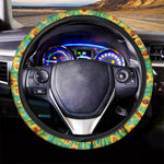 Teal Watercolor Sunflower Pattern Print Car Steering Wheel Cover