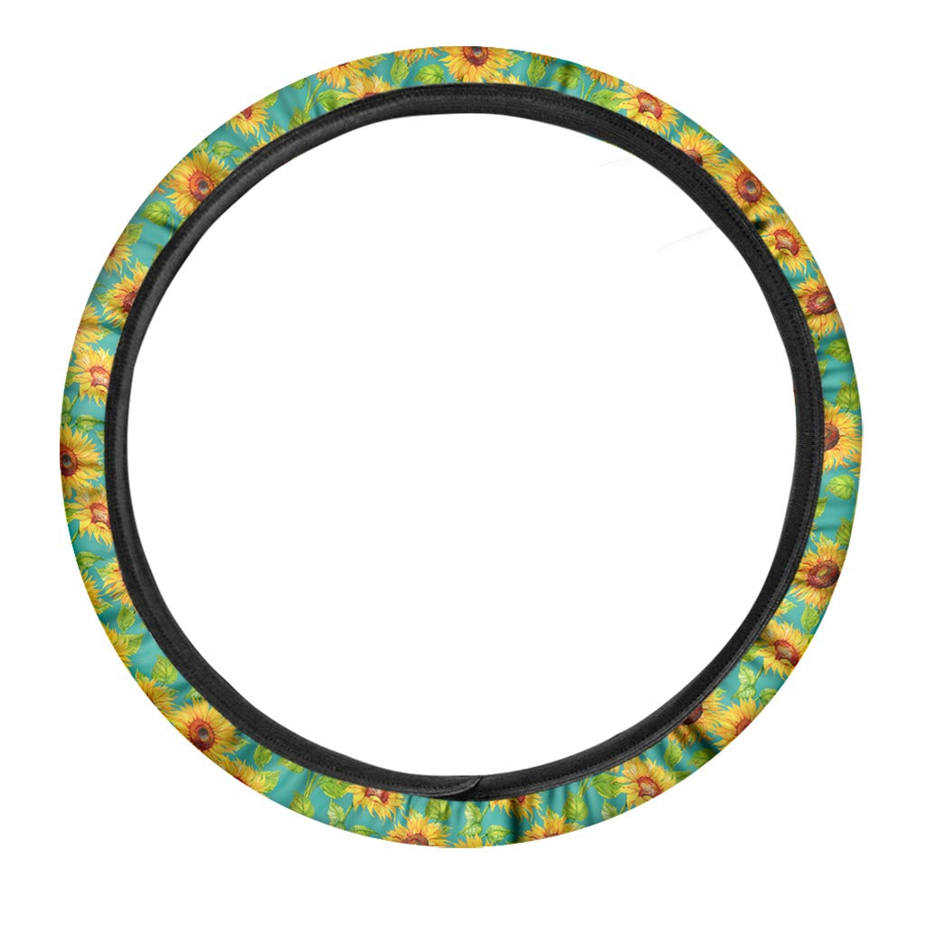 Teal Watercolor Sunflower Pattern Print Car Steering Wheel Cover