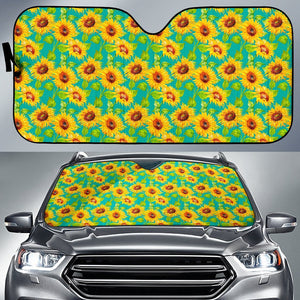 Teal Watercolor Sunflower Pattern Print Car Sun Shade GearFrost