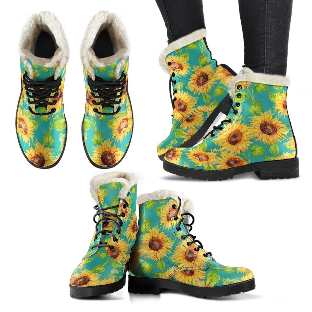Teal Watercolor Sunflower Pattern Print Comfy Boots GearFrost