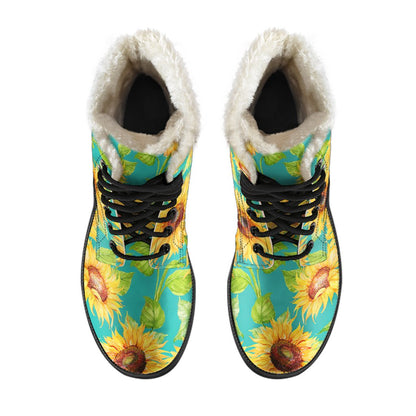 Teal Watercolor Sunflower Pattern Print Comfy Boots GearFrost