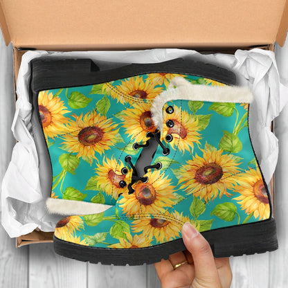 Teal Watercolor Sunflower Pattern Print Comfy Boots GearFrost