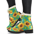 Teal Watercolor Sunflower Pattern Print Faux Fur Leather Boots