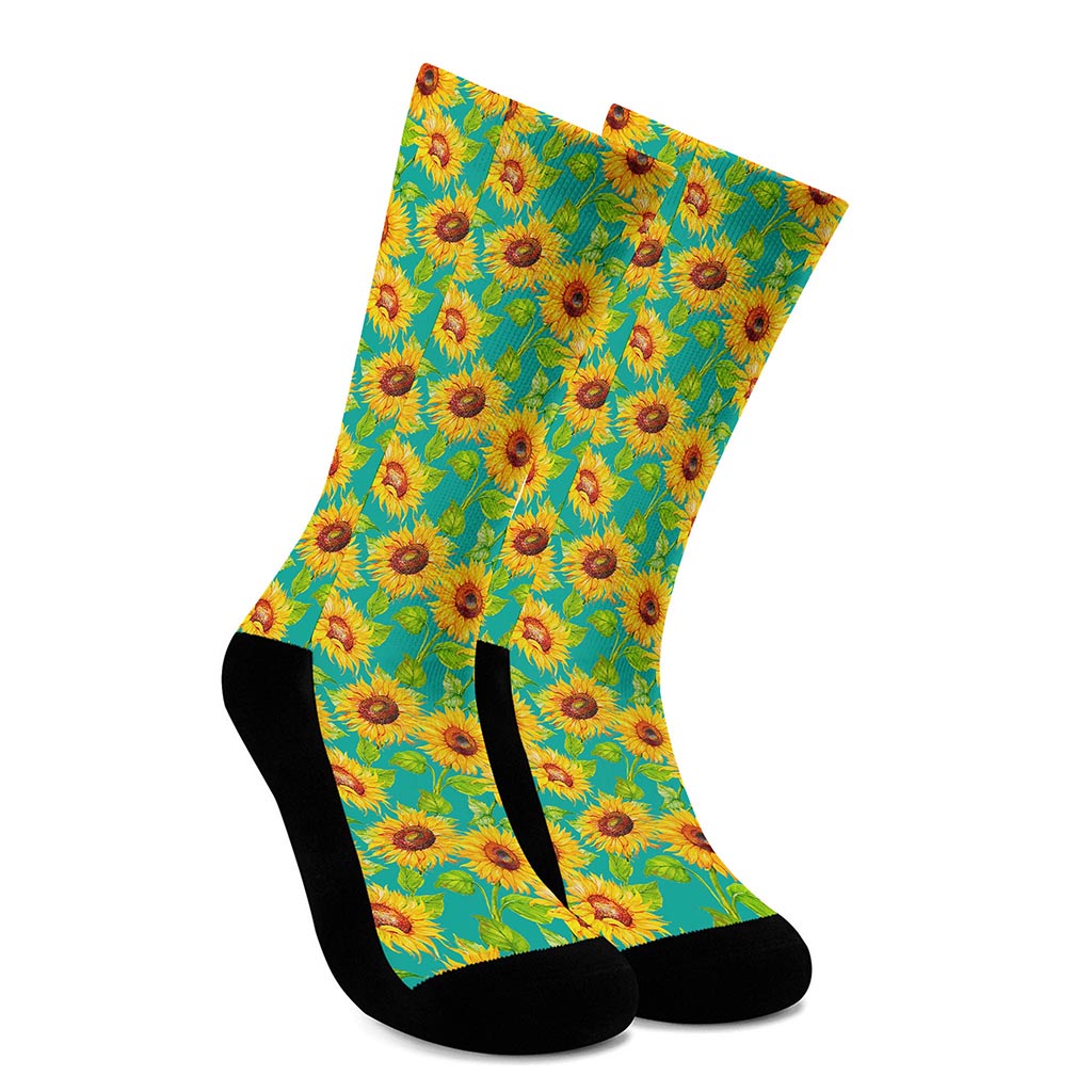 Teal Watercolor Sunflower Pattern Print Crew Socks