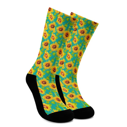 Teal Watercolor Sunflower Pattern Print Crew Socks