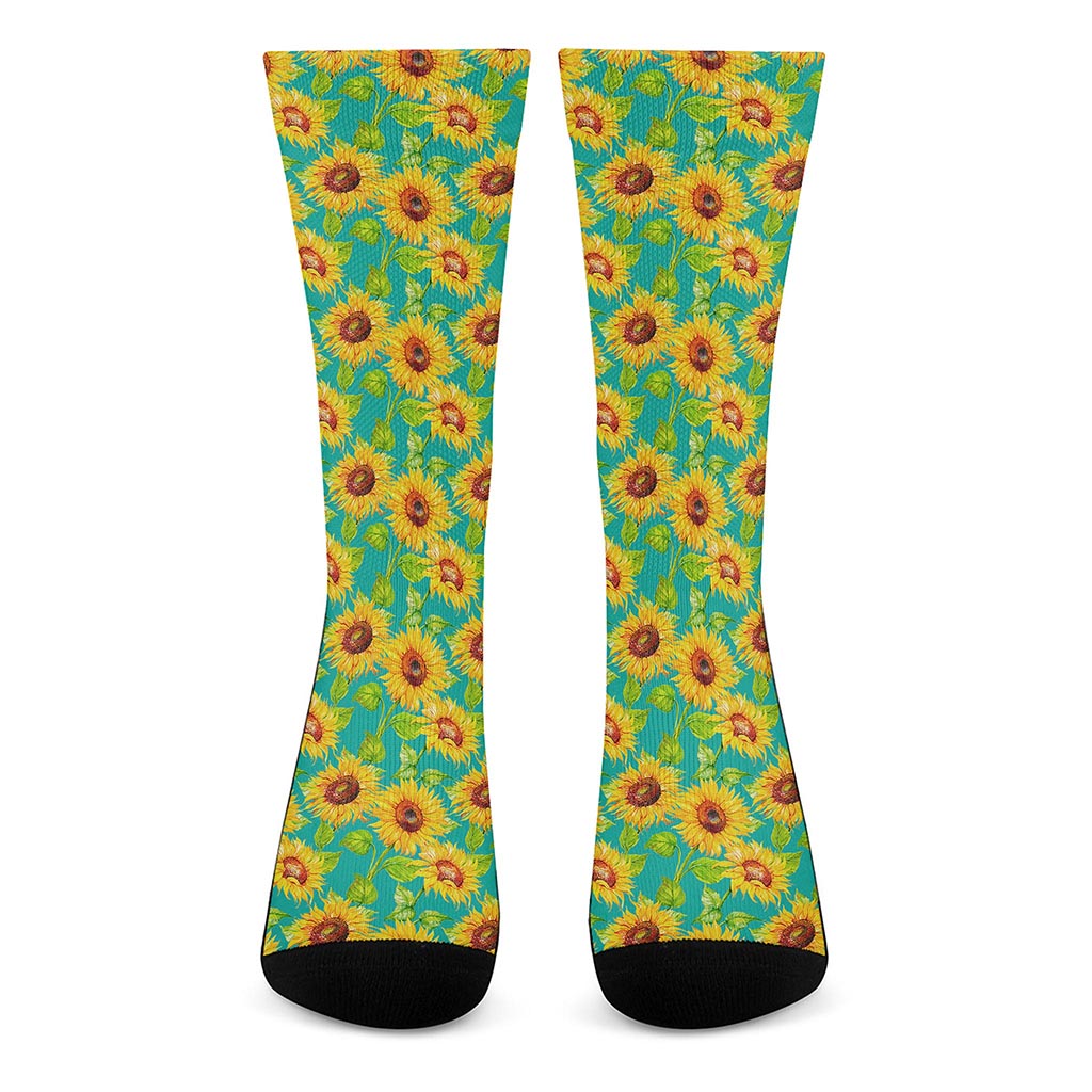 Teal Watercolor Sunflower Pattern Print Crew Socks