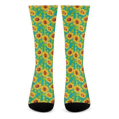 Teal Watercolor Sunflower Pattern Print Crew Socks