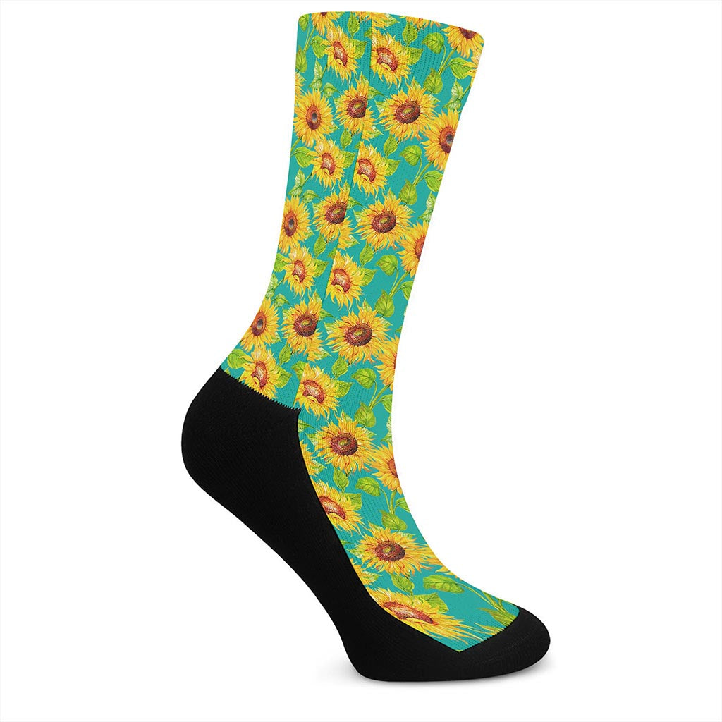 Teal Watercolor Sunflower Pattern Print Crew Socks