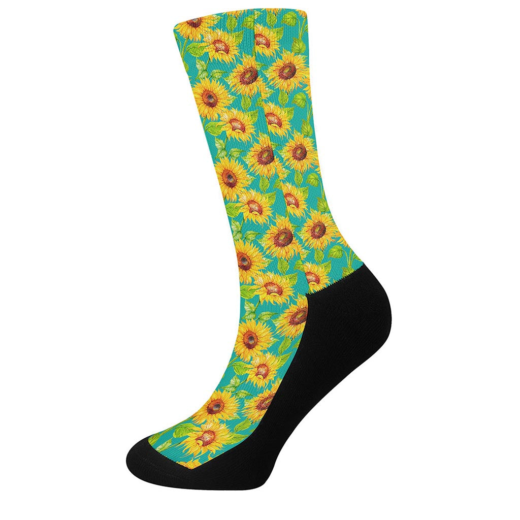 Teal Watercolor Sunflower Pattern Print Crew Socks