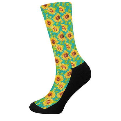 Teal Watercolor Sunflower Pattern Print Crew Socks
