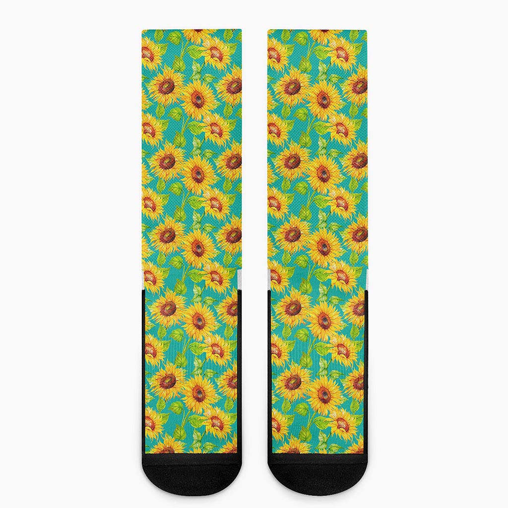 Teal Watercolor Sunflower Pattern Print Crew Socks