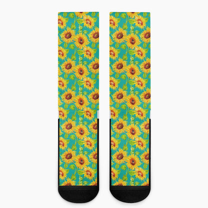 Teal Watercolor Sunflower Pattern Print Crew Socks