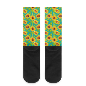 Teal Watercolor Sunflower Pattern Print Crew Socks