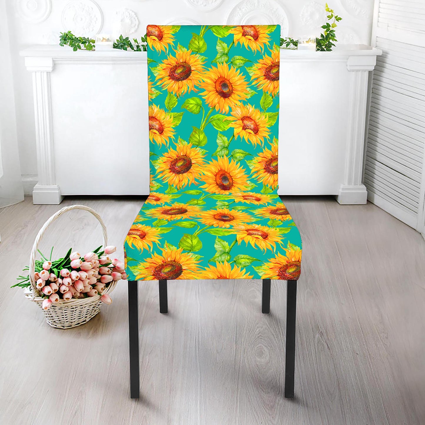 Teal Watercolor Sunflower Pattern Print Dining Chair Slipcover
